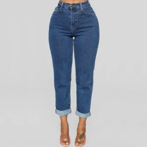Women Solid Color High Waist Straight Cropped Jeans