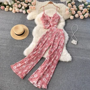 Summer Women Fashion Vacation Beach Floral Printed V-Neck Strap Top Wide Leg Pants Two-Piece Set