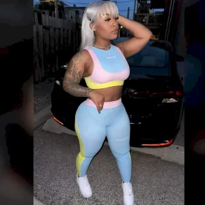 Summer Women Fashion Color Block Tank Top Pants Two-Piece Set