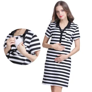 Summer Pregnant Women Fashion Stripe Printed Short Sleeve Nursing Dress