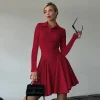 Women Fashion Simple Solid Color Polo Collar Long Sleeve Mini Dress