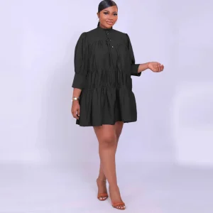 Women Simple Loose Casual Half High Neck Long Sleeve Dress