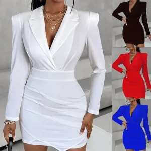 Women Fashion Deep V-Suit Collar Long Sleeve Tight Dress