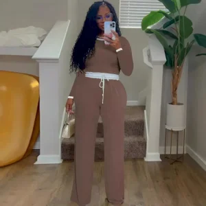 Women Casual Street Daily Rib-Knit Color Contrast Crewneck Long-Sleeved Top Pants Two-Piece Set