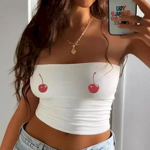 Fashion Women'S Cherry Print Distinctive Strapless Top