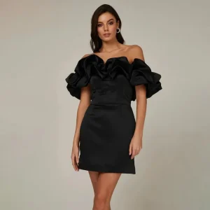 Women Fashion Sexy Solid Color Off Shoulder Ruffled Slim Fit Dress