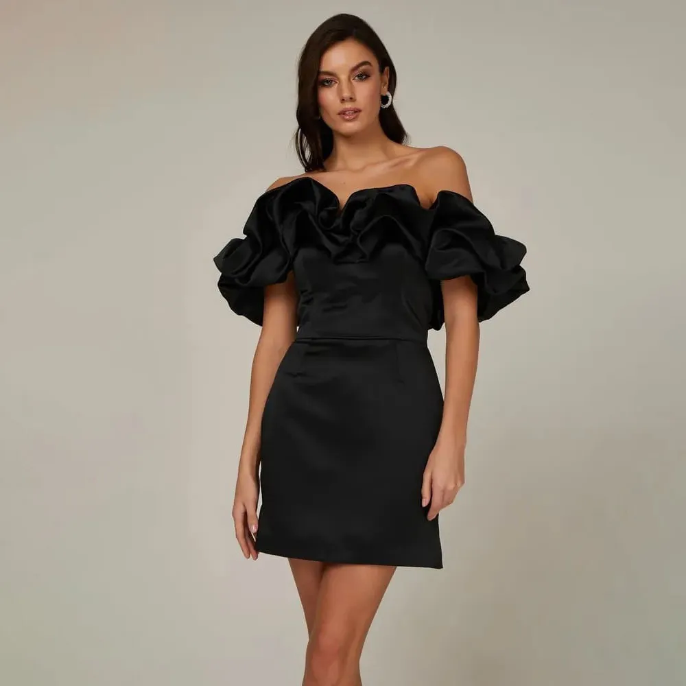Women Fashion Sexy Solid Color Off Shoulder Ruffled Slim Fit Dress