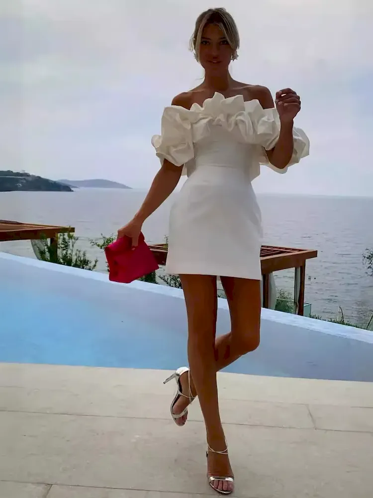 Women Fashion Sexy Solid Color Off Shoulder Ruffled Slim Fit Dress - Image 2