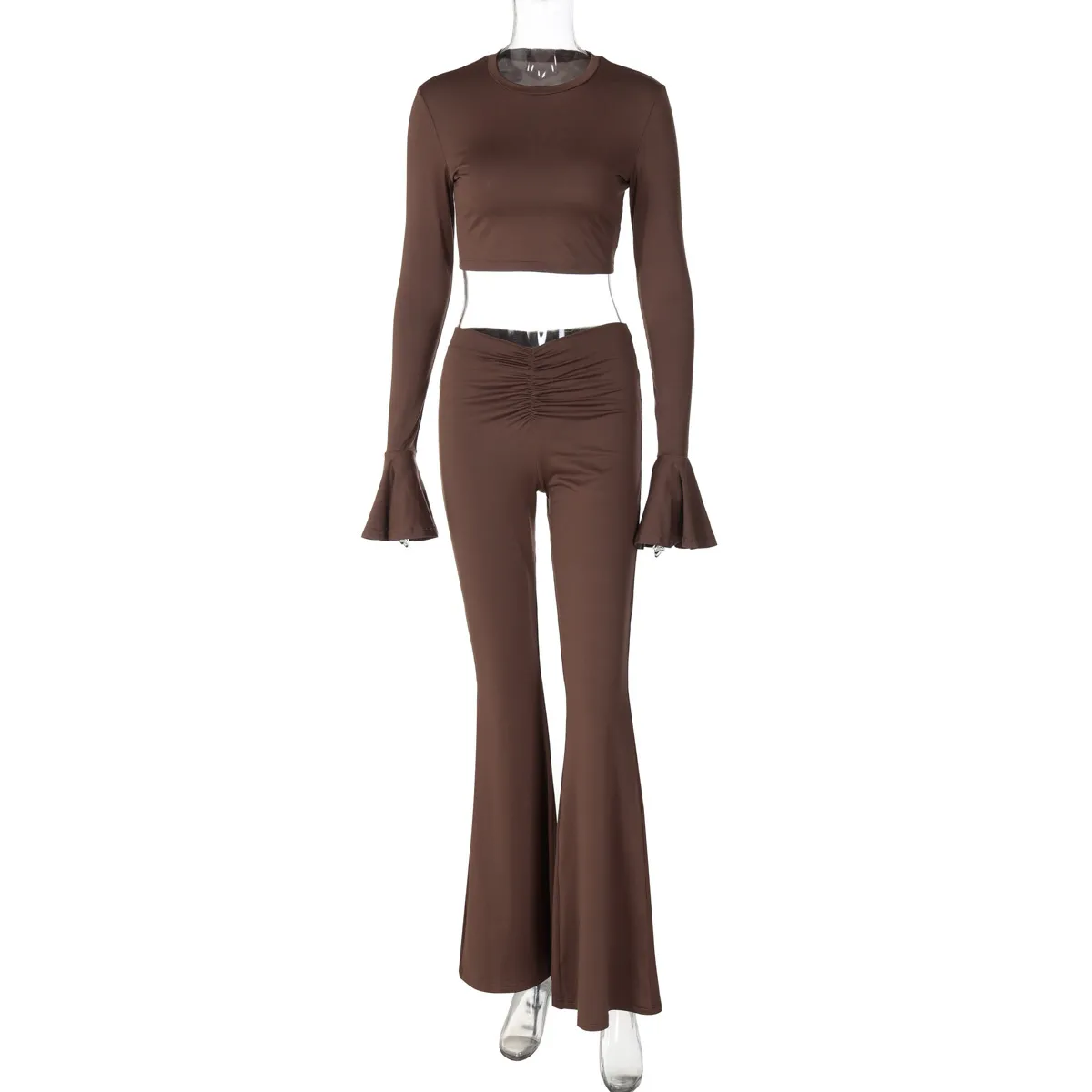 Women Fashion Solid Color Ruffled Long Sleeve Crop Top Pleated Slim Fit Pants Two-Piece Set - Image 5