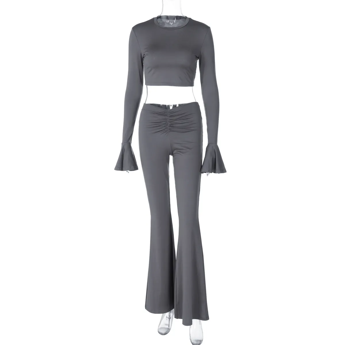 Women Fashion Solid Color Ruffled Long Sleeve Crop Top Pleated Slim Fit Pants Two-Piece Set - Image 6