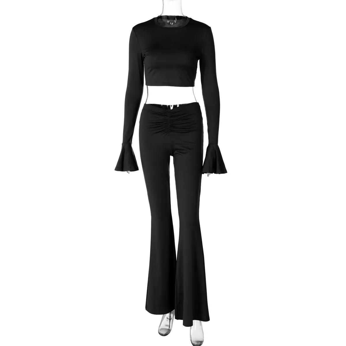 Women Fashion Solid Color Ruffled Long Sleeve Crop Top Pleated Slim Fit Pants Two-Piece Set - Image 7