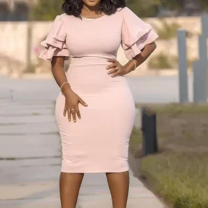Women Fashion Sexy Solid Color Plus Size Ruffled Short-Sleeve Slim-Fit Dress