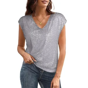 Women Fashion Casual Solid Color Sequin V-Neck Short Sleeve Blouse