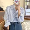 Women Fashion Casual Irregular Stripe Lapel Long-Sleeve Blouse