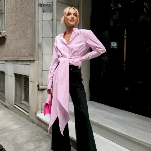 Women Fashion Creative Stripe Lace-Up Lapel Long Sleeve Blouse