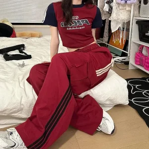 Women Fashion Casual Letter Printed Short-Sleeve T-Shirt Wide-Leg Pants Two-Piece Set