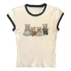 Women Fashion Cute Bear Printed Round Neck Short Sleeve Slim-Fit T-Shirt