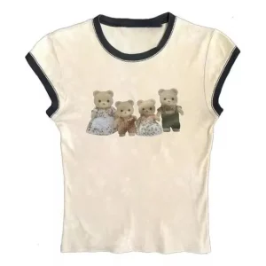 Women Fashion Cute Bear Printed Round Neck Short Sleeve Slim-Fit T-Shirt
